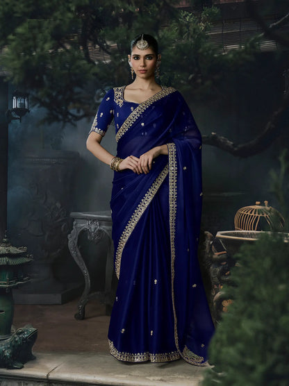 Deep Blue Tissue silk Embroidered Saree