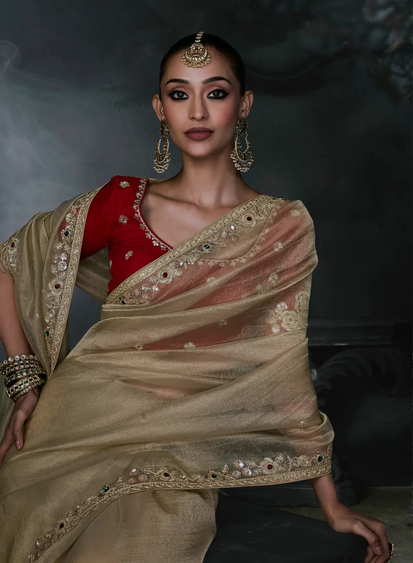 Golden Beige Tissue silk Embroidered Saree