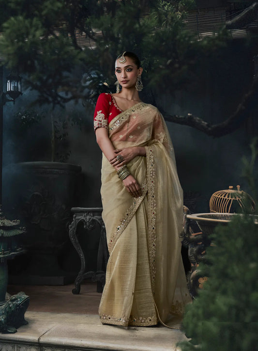 Golden Beige Tissue silk Embroidered Saree