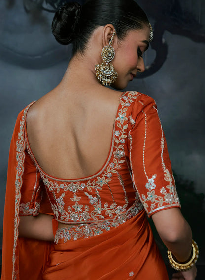 Deep Orange Tissue silk Embroidered Saree