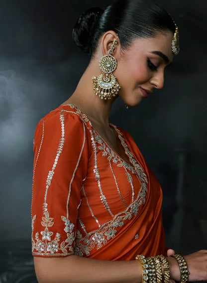Deep Orange Tissue silk Embroidered Saree