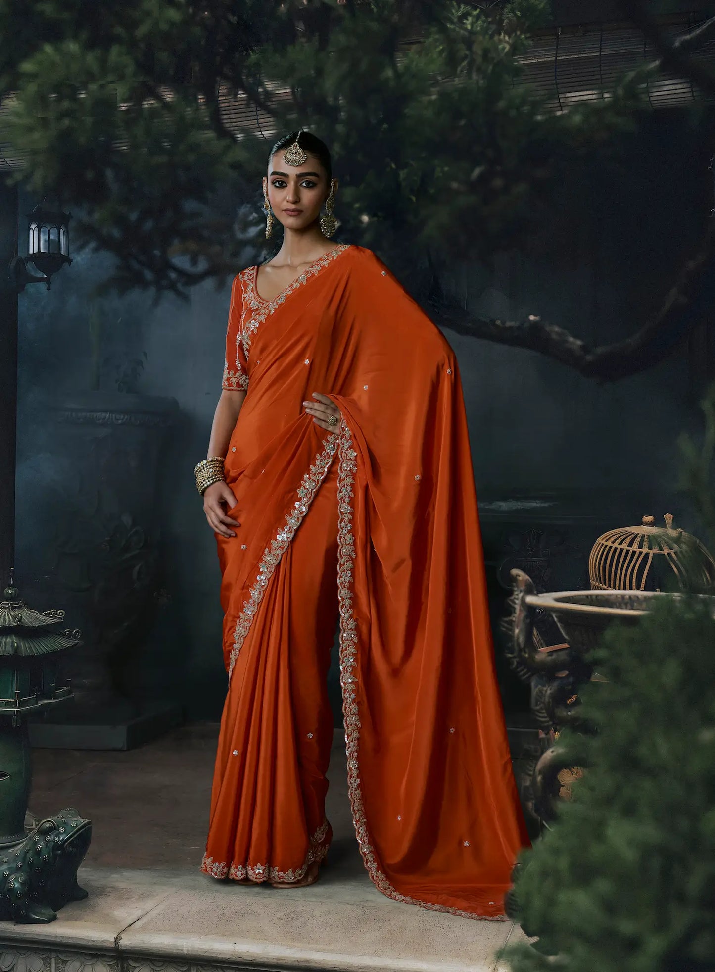Deep Orange Tissue silk Embroidered Saree