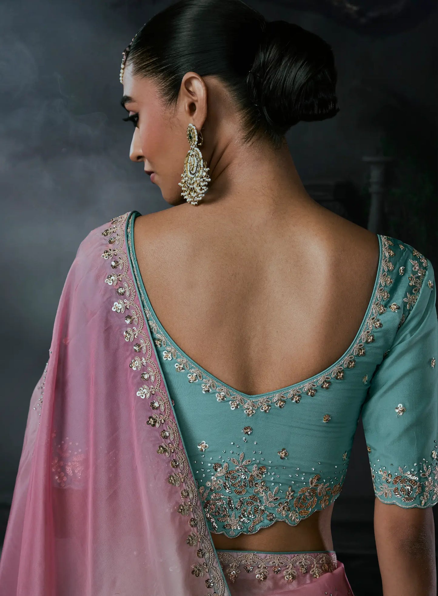 Sky Blue-Pink Satin silk Embroidered Saree