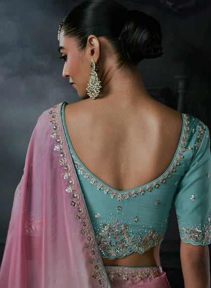 Sky Blue-Pink Satin silk Embroidered Saree