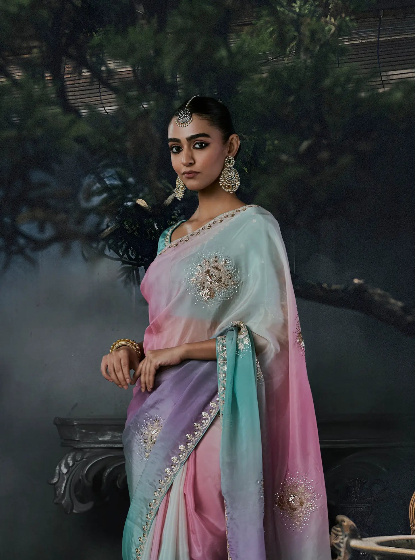 Sky Blue-Pink Satin silk Embroidered Saree
