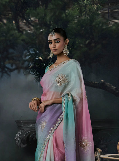Sky Blue-Pink Satin silk Embroidered Saree