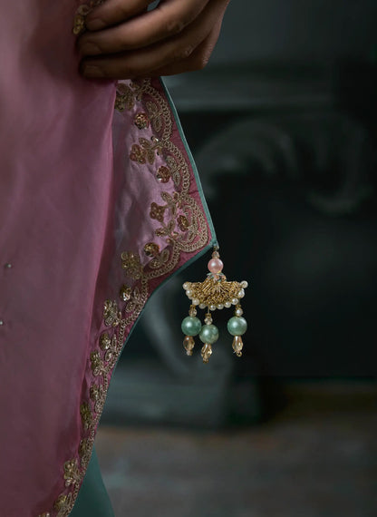 Sky Blue-Pink Satin silk Embroidered Saree