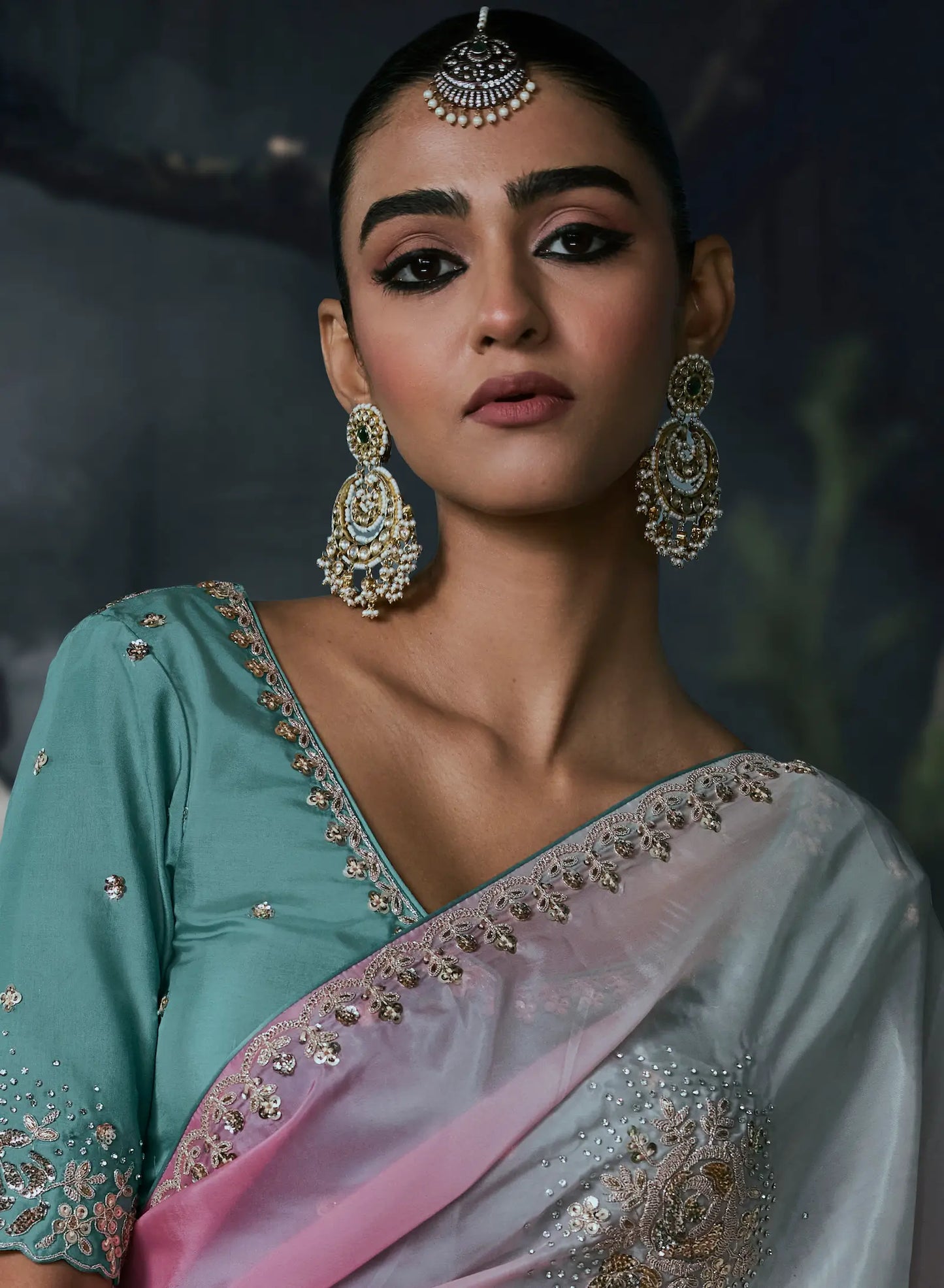 Sky Blue-Pink Satin silk Embroidered Saree