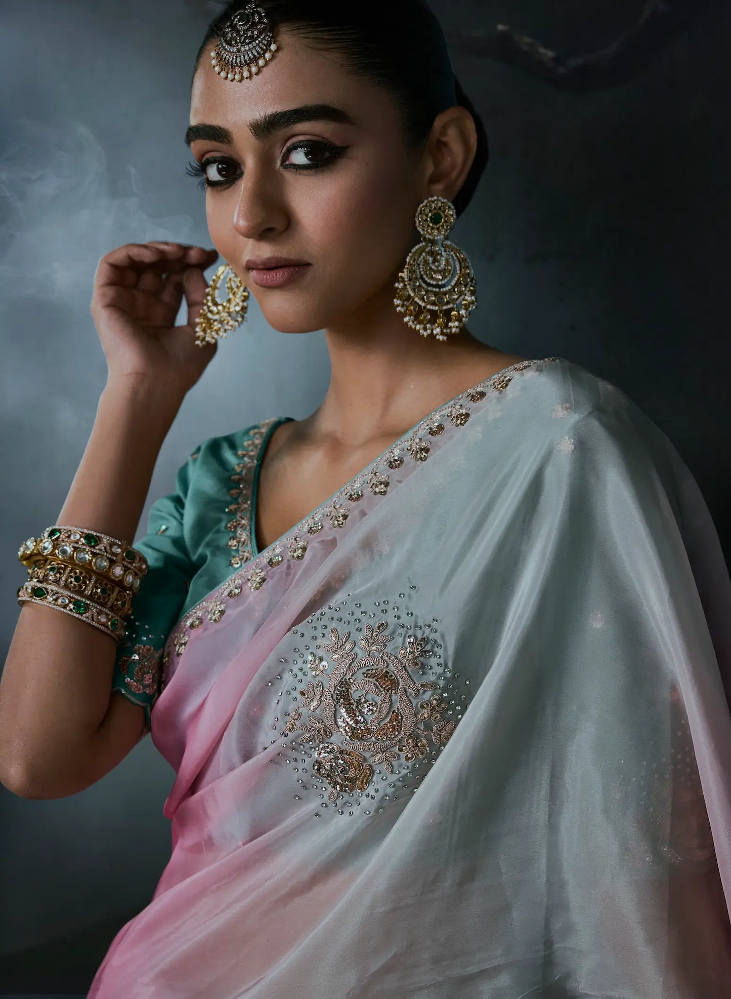 Sky Blue-Pink Satin silk Embroidered Saree