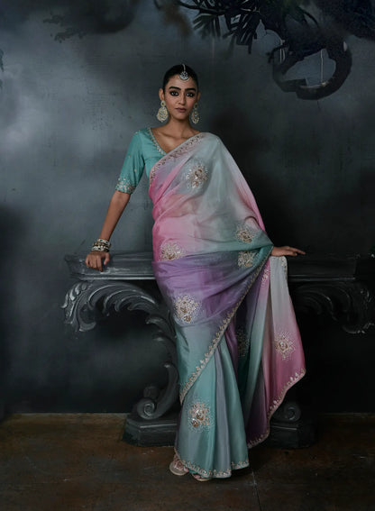 Sky Blue-Pink Satin silk Embroidered Saree