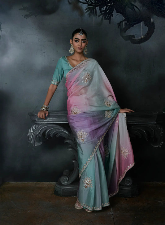 Sky Blue-Pink Satin silk Embroidered Saree