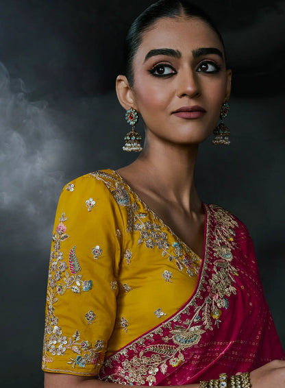 Rani Pink Satin silk Embroidered Saree