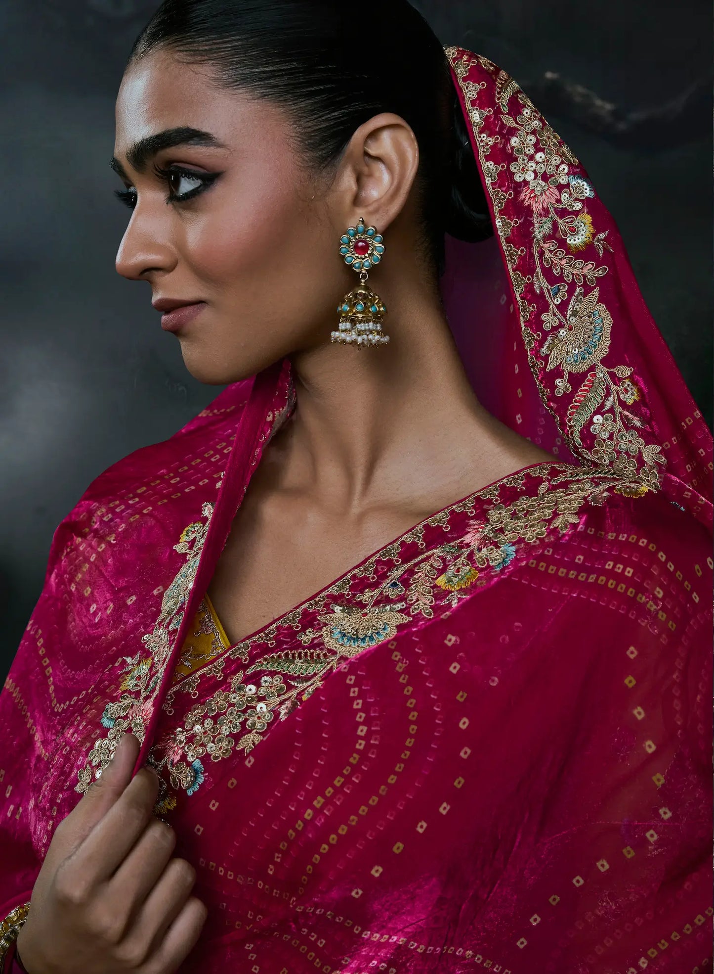 Rani Pink Satin silk Embroidered Saree