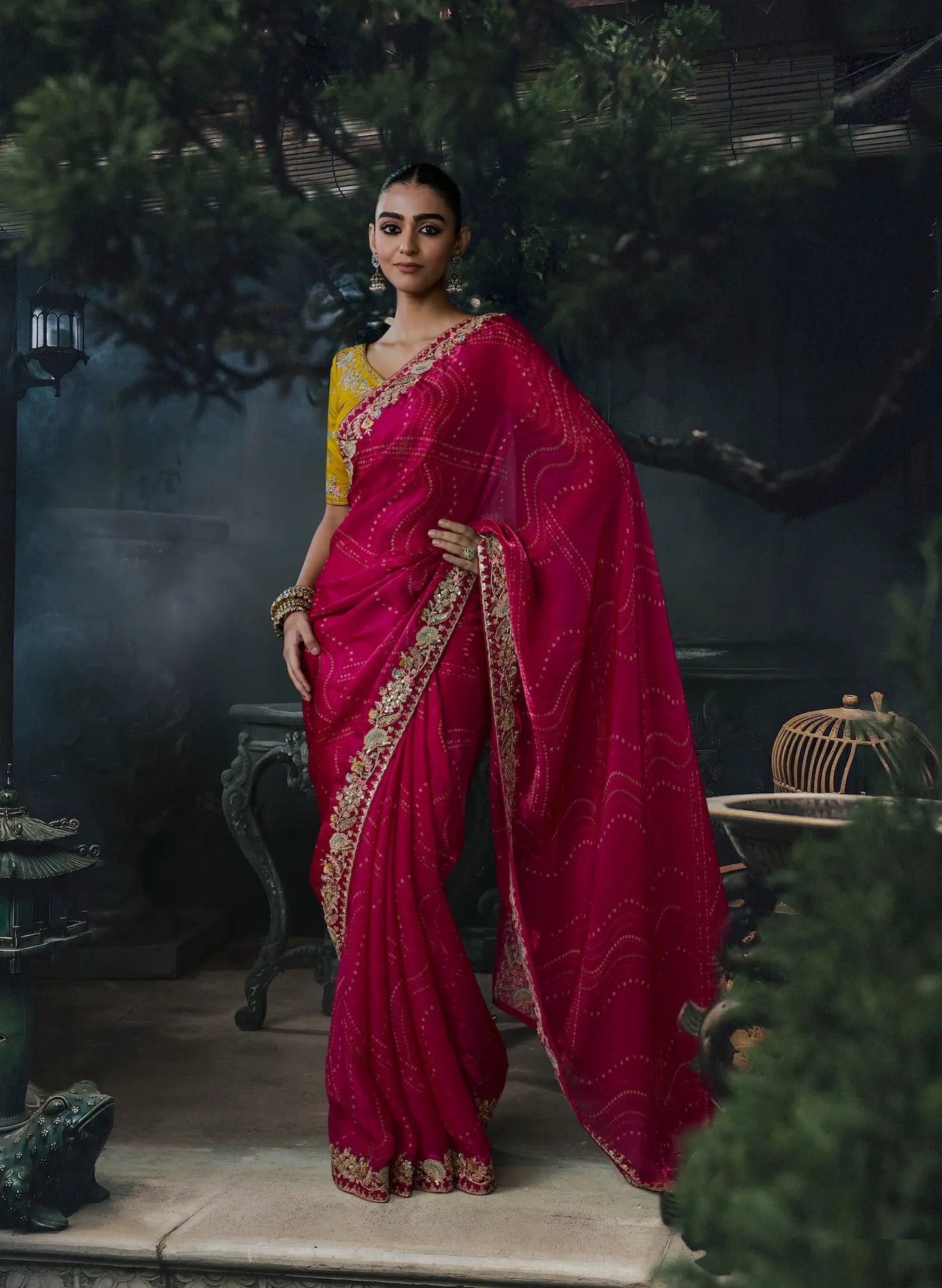 Rani Pink Satin silk Embroidered Saree