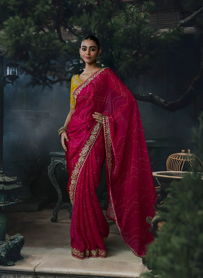 Rani Pink Satin silk Embroidered Saree