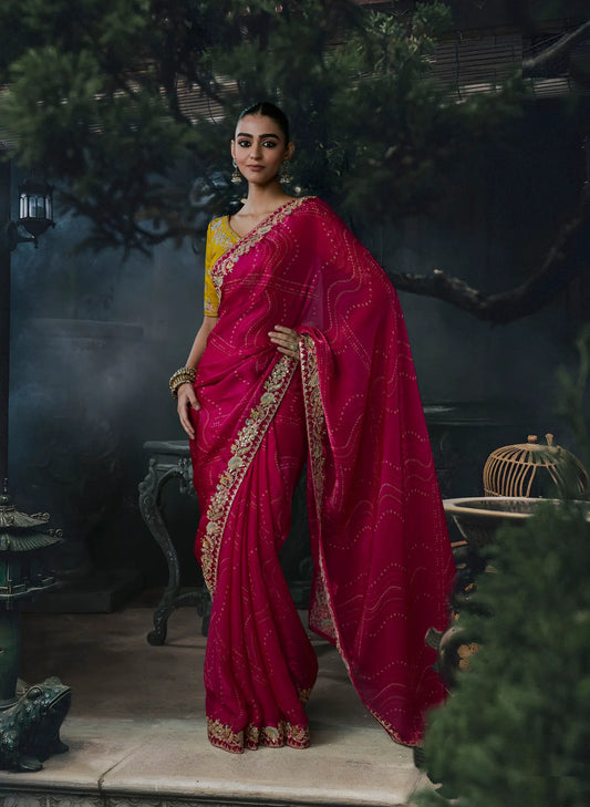 Rani Pink Satin silk Embroidered Saree