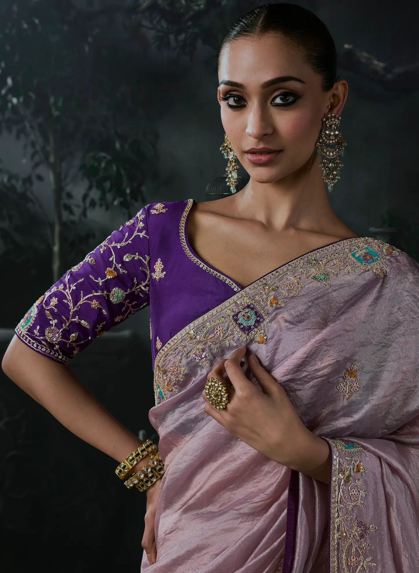 Lavender Tissue silk Embroidered Saree