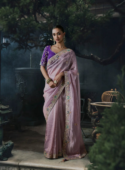 Lavender Tissue silk Embroidered Saree