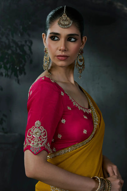 Mustard Tissue silk Embroidered Saree