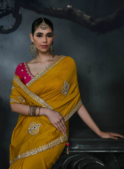 Mustard Tissue silk Embroidered Saree