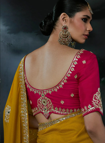 Mustard Tissue silk Embroidered Saree