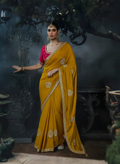Mustard Tissue silk Embroidered Saree