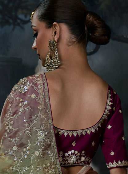 Green-Pink Tissue silk Embroidered Saree