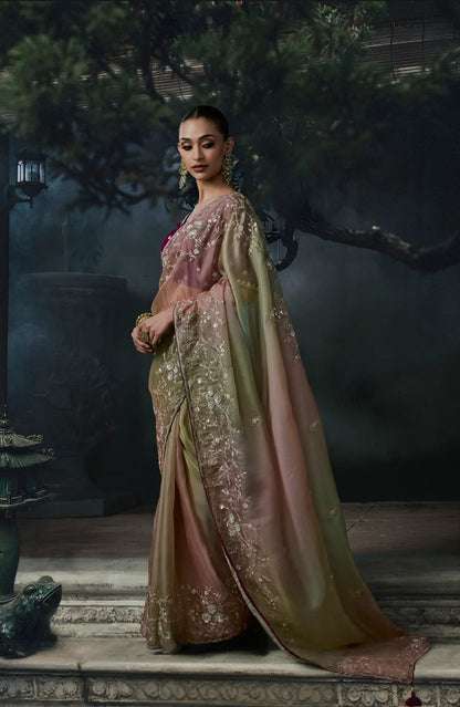 Green-Pink Tissue silk Embroidered Saree