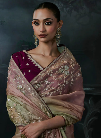 Green-Pink Tissue silk Embroidered Saree