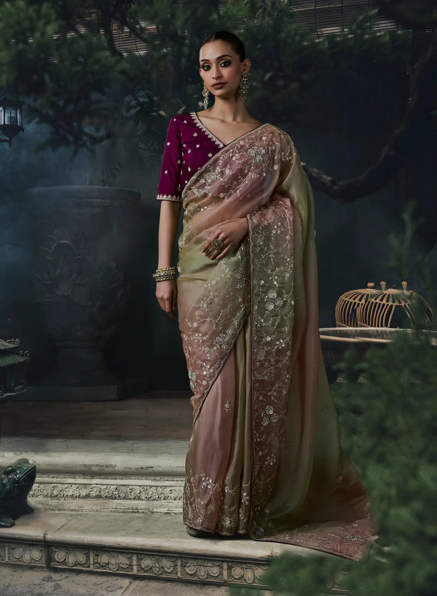 Green-Pink Tissue silk Embroidered Saree
