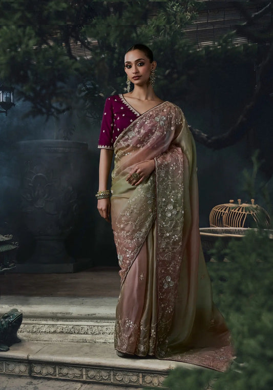 Green-Pink Tissue silk Embroidered Saree