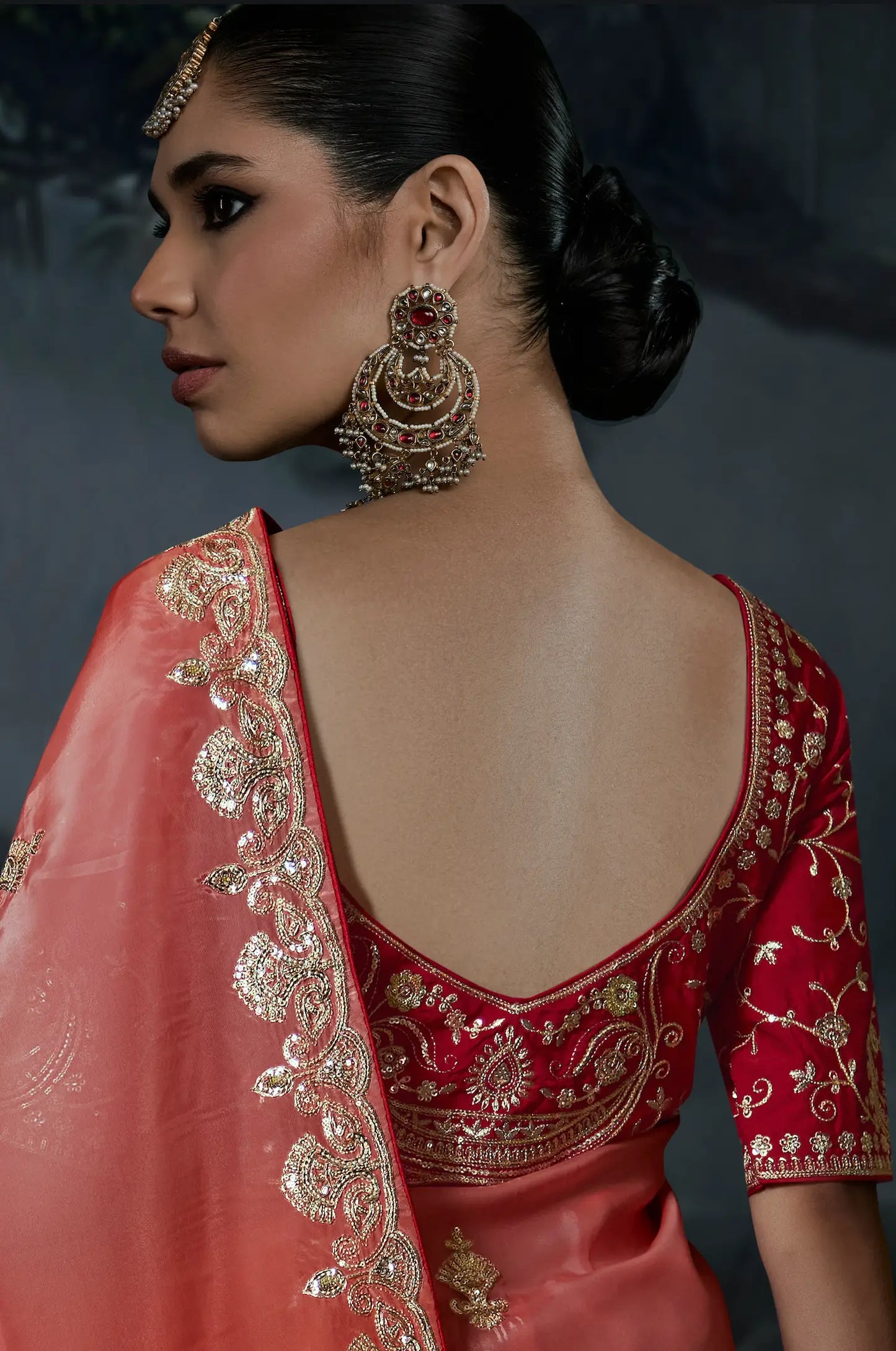 Orange-Red Tissue silk Embroidered Saree
