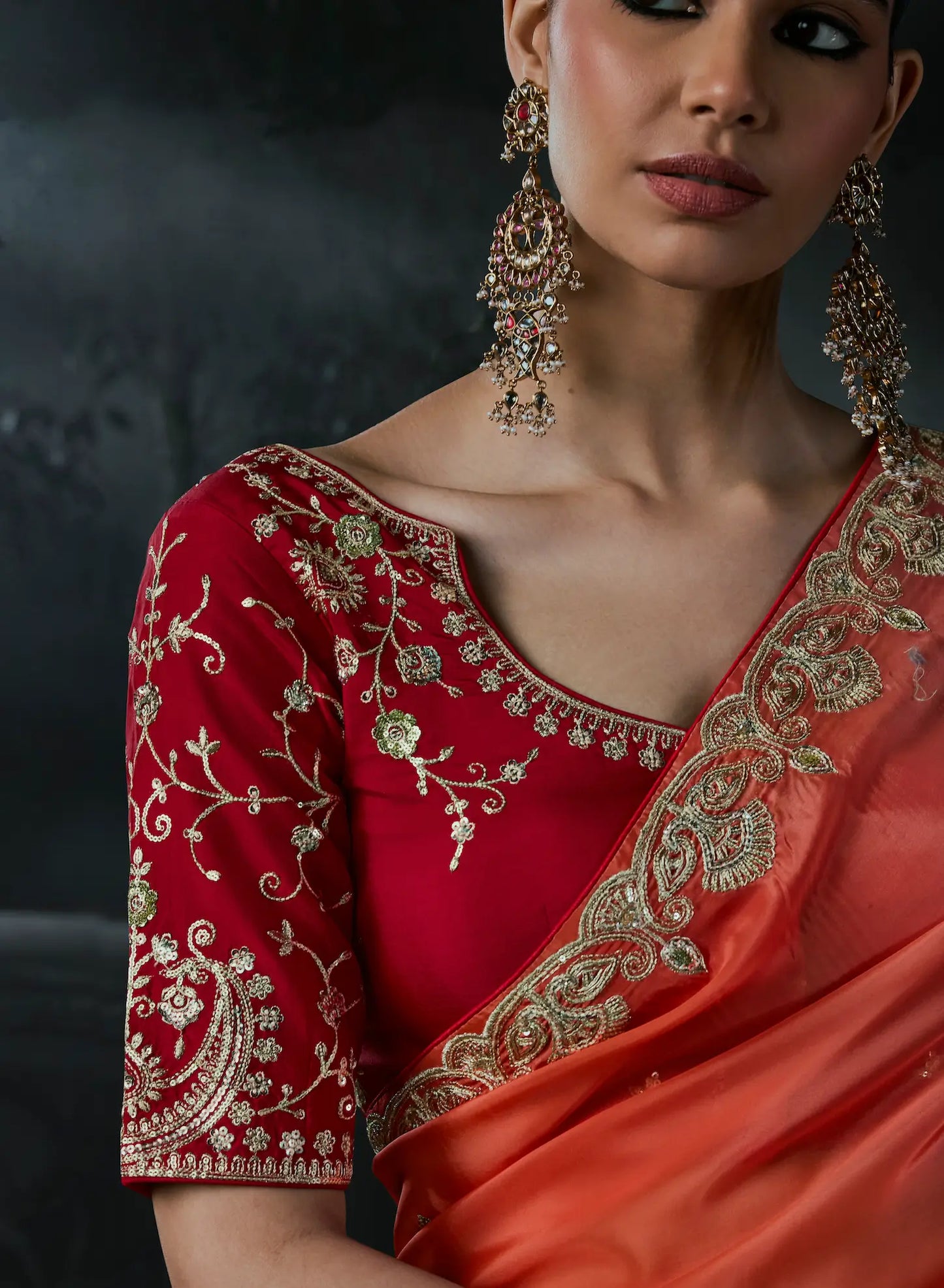 Orange-Red Tissue silk Embroidered Saree