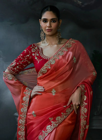 Orange-Red Tissue silk Embroidered Saree
