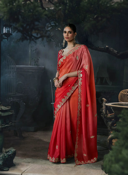 Orange-Red Tissue silk Embroidered Saree