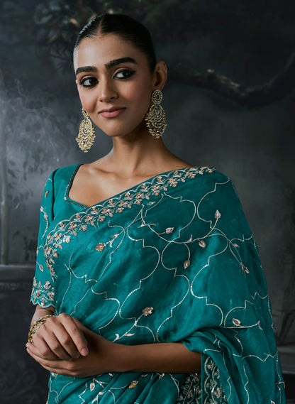 Teal Blue Tissue silk Embroidered Saree