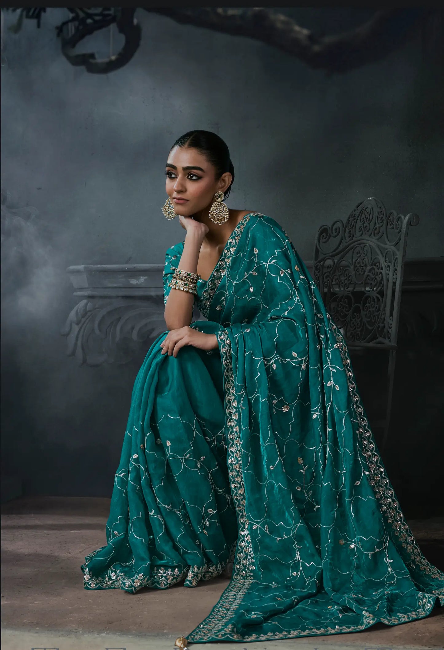 Teal Blue Tissue silk Embroidered Saree