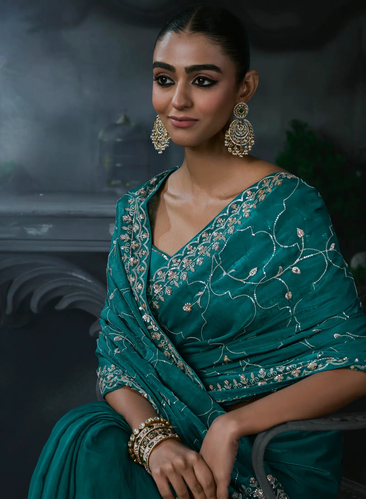 Teal Blue Tissue silk Embroidered Saree