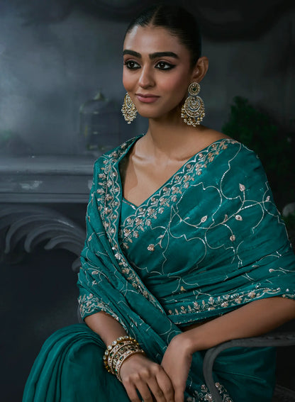 Teal Blue Tissue silk Embroidered Saree
