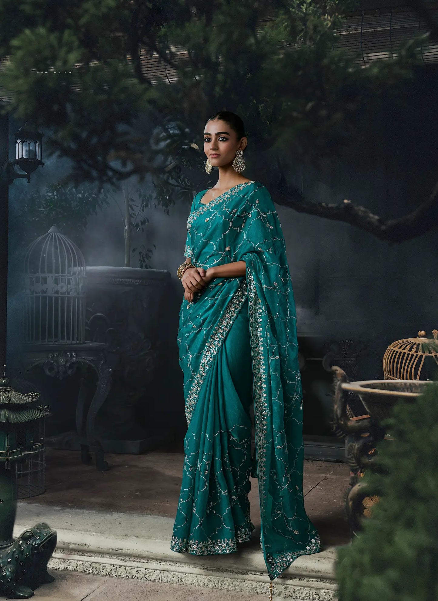 Teal Blue Tissue silk Embroidered Saree