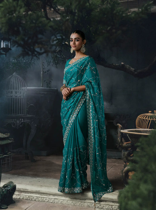 Teal Blue Tissue silk Embroidered Saree