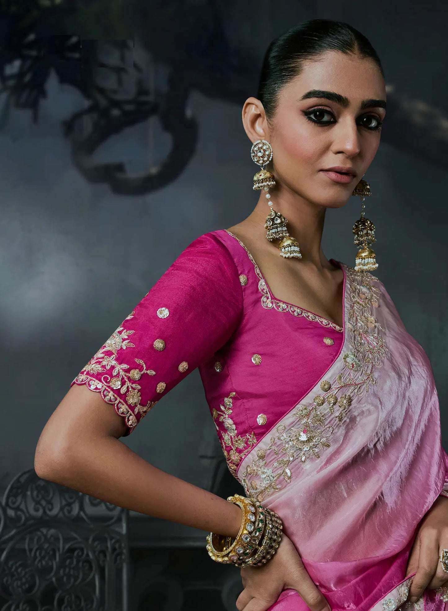 Pink-Ivory Tissue silk Embroidered Saree