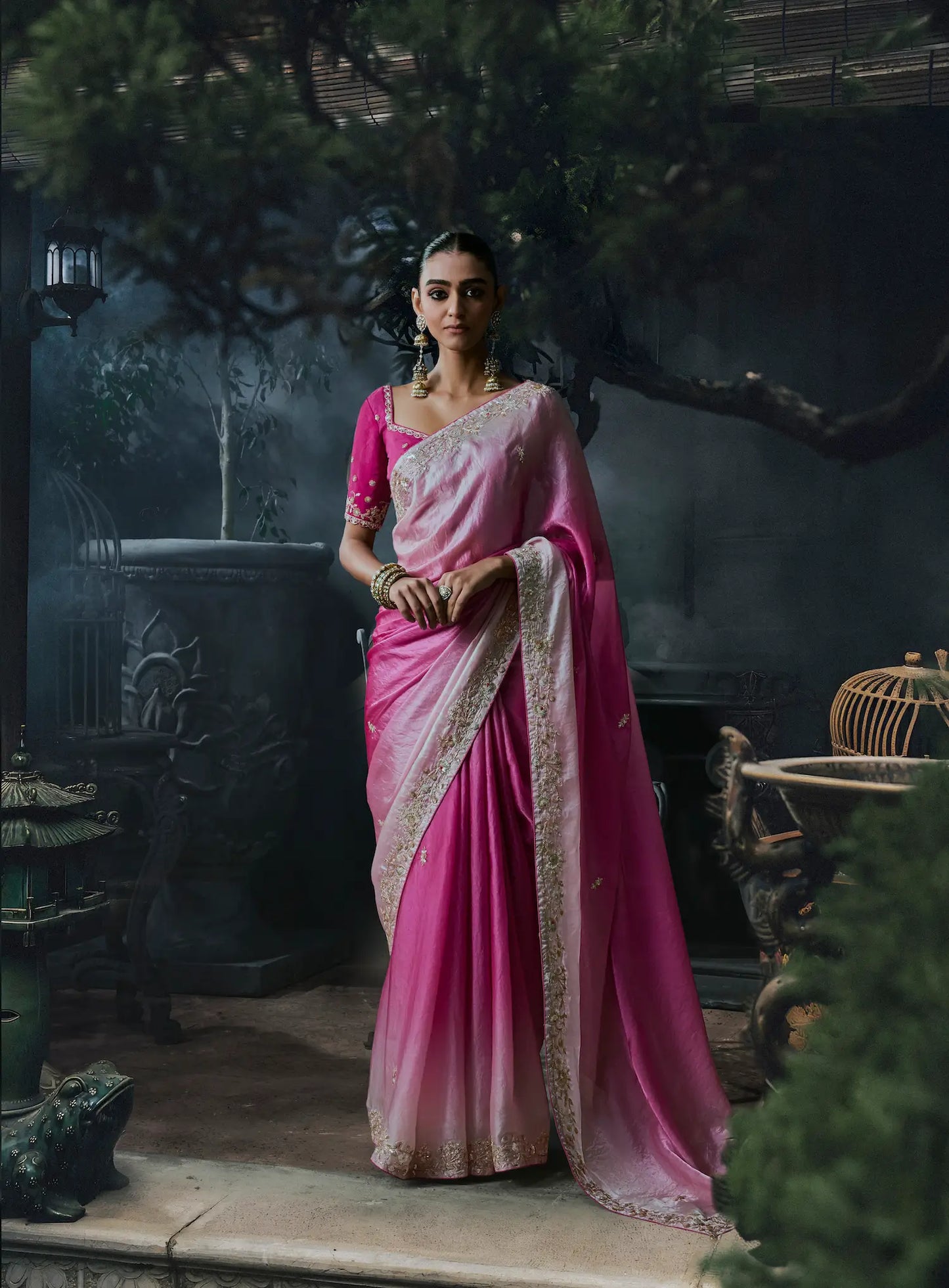 Pink-Ivory Tissue silk Embroidered Saree