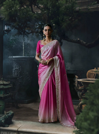 Pink-Ivory Tissue silk Embroidered Saree