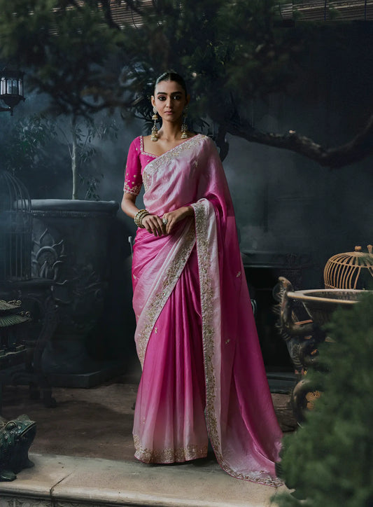 Pink-Ivory Tissue silk Embroidered Saree