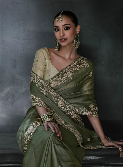 Olive Green Tissue silk Embroidered Saree