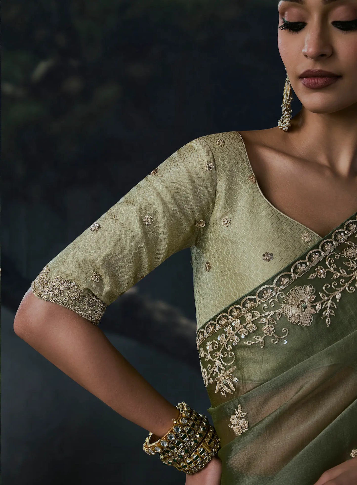 Olive Green Tissue silk Embroidered Saree