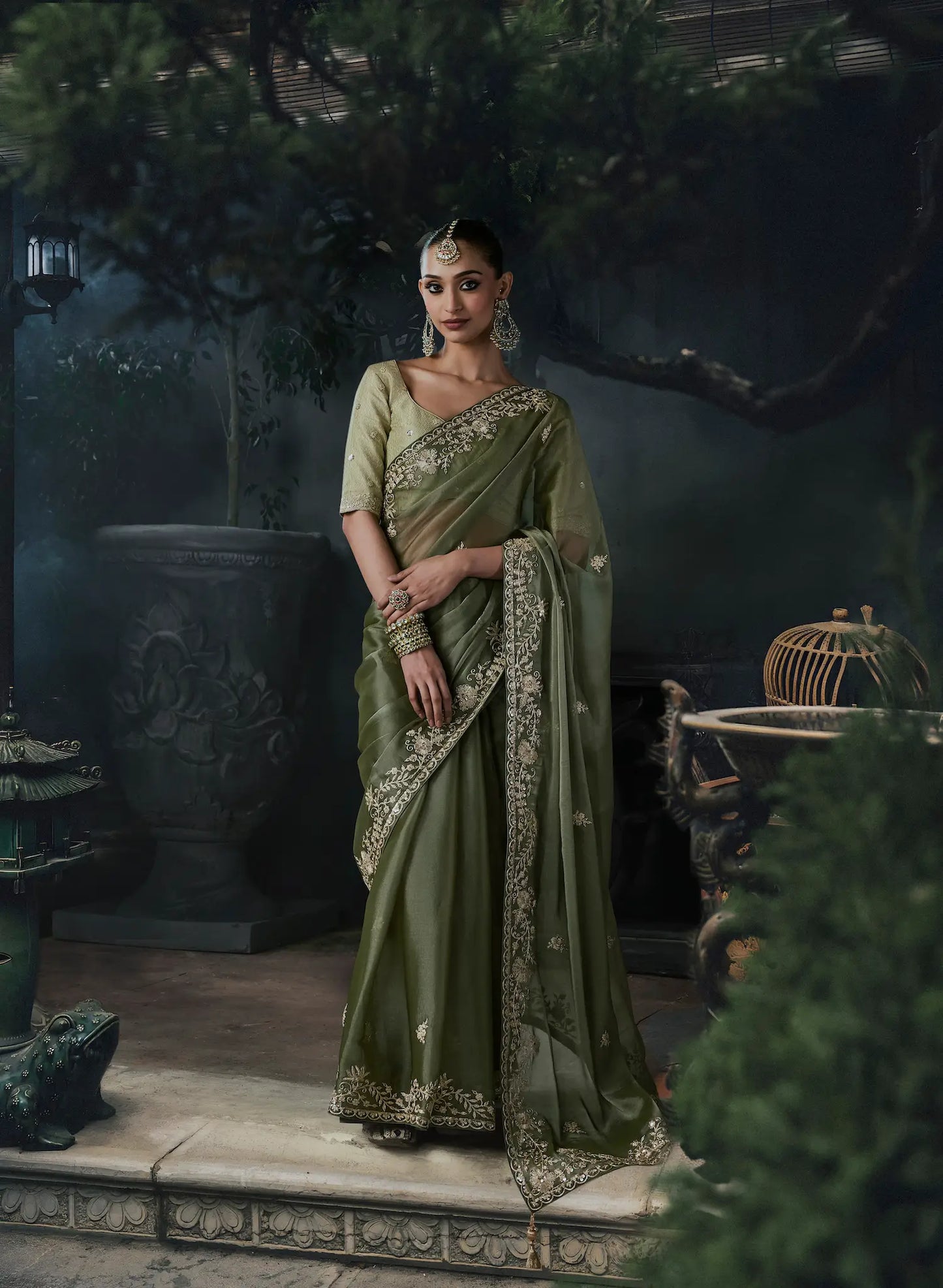 Olive Green Tissue silk Embroidered Saree