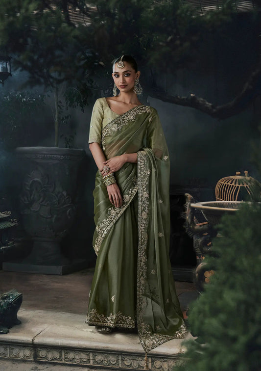 Dusty Olive Tissue silk Embroidered Saree