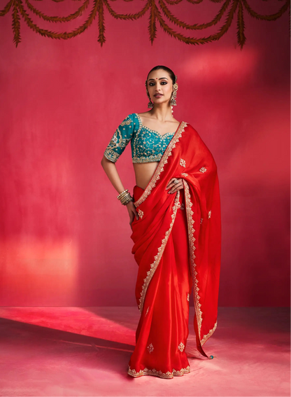 Chilli Red Embroidery & Beads Work Saree